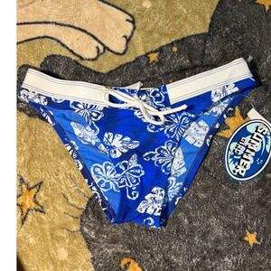 Summer Girl Blue White Tropical Hibiscus Bikini Bottoms Small NWT Made in Taiwan